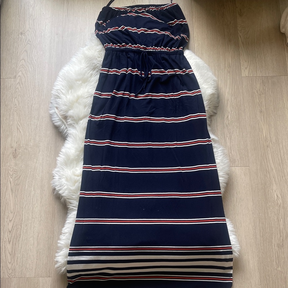 J. Crew Navy Striped Maxi Dress with Orange and White Accents